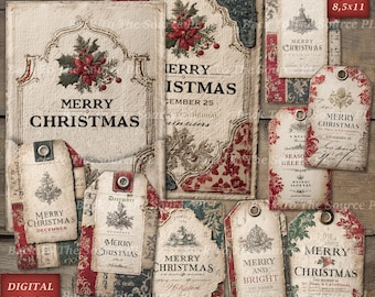 Festive Gift Tags, Christmas Labels, Printable Ephemera for Junk Journals, Vintage Holiday Card, Digital Folder, Nr 111