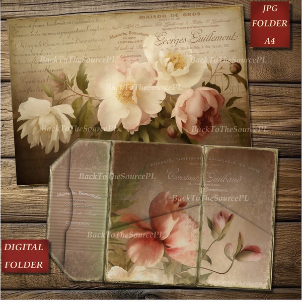 Peony Junk Journal Kit, Floral Papers, Vintage Ephemera, French Flower, Collage Sheet, Vintage Insert, Instant Download, Digital Folder,Nr68