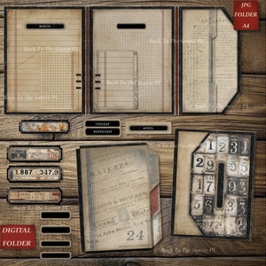 Puede incluir: Una carpeta digital imprimible con una est&eacute;tica vintage. La carpeta tiene un fondo de madera de grano negro y marr&oacute;n con una variedad de im&aacute;genes y texto. El texto incluye "Back To The Source PL", "Marzo", "Martes", "Mi&eacute;rcoles", "Abril", "1.887.347.9", "CARPETA DIGITAL", y "CARPETA JPG A4".