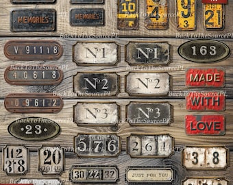 May include: A digital scrapbook paper pack with 20 vintage-style, distressed, rusty metal signs. The signs feature numbers, words, and phrases like "For You", "Memories", "Made With Love", and "Chosen From Many".