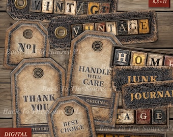 Junk Journal Ephemera, Vintage Labels, Grunge Tags, Printable Insert, Digital Folder, No. 118