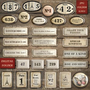French Labels Junk Journal Kit, Numbers Digital, Journal Words, Vintage Ephemera, Shabby Vintage Butterflies, Printable Download, Nr096