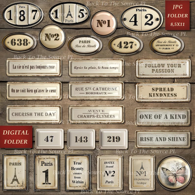 French Labels Junk Journal Kit, Numbers Digital, Journal Words, Vintage Ephemera, Shabby Vintage Butterflies, Printable Download, Nr096