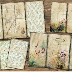 May include: A digital printable folder with a vintage floral design. The folder is divided into sections with different designs, including a floral pattern, a striped pattern, and a text pattern. The text on the folder says "Le Jardinier" and "1830".