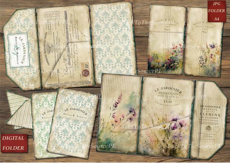 May include: A digital printable folder with a vintage floral design. The folder is divided into sections with different designs, including a floral pattern, a striped pattern, and a text pattern. The text on the folder says "Le Jardinier" and "1830".