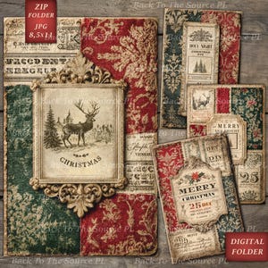 May include: A digital Christmas-themed collage featuring vintage-style ephemera. The design includes a framed image of a deer, decorative labels, and patterned fabric in red, green, and gold. The text includes "Christmas" and "Merry Christmas".