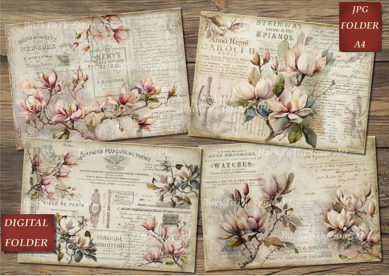Magnolia Junk Journal Kit, Collage Sheets, Vintage Floral Insert, Printable Ephemera, Scrapbooks Supplies, Digital Folder, Nr. 047 image 10