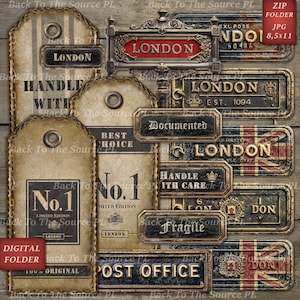 Printable Ephemera, Vintage Labels Distressed Tags for Junk Journal, Grungy Steampunk Old London, Journal Supplies, Digital Folder, Nr107