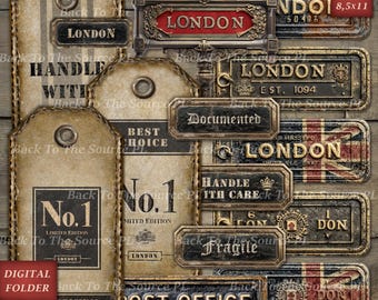 Printable Ephemera, Vintage Labels Distressed Tags for Junk Journal, Grungy Steampunk Old London, Journal Supplies, Digital Folder, Nr107