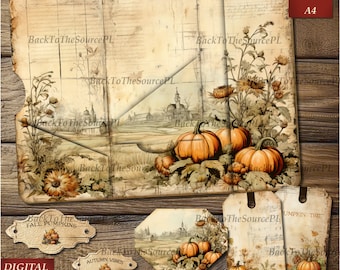 Autumn Junk Journal Fall Ephemera, Collage Sheet, Pumpkin Tags, Thanksgiving kit, Vintage Insert, Printable Kit, Digital Folder, Nr057