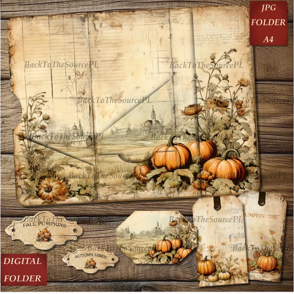 Autumn Junk Journal Fall Ephemera, Collage Sheet, Pumpkin Tags, Thanksgiving kit, Vintage Insert, Printable Kit, Digital Folder, Nr057