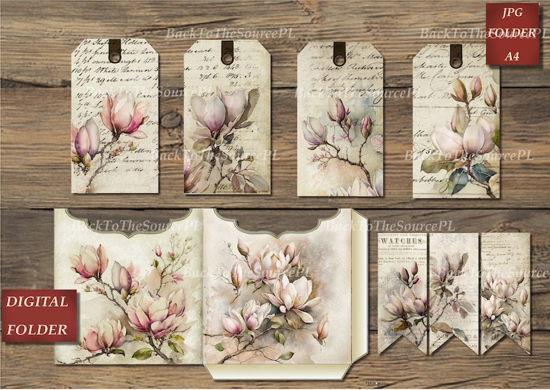 Magnolia Junk Journal Kit, Collage Sheets, Vintage Floral Insert, Printable Ephemera, Scrapbooks Supplies, Digital Folder, Nr. 047 image 5