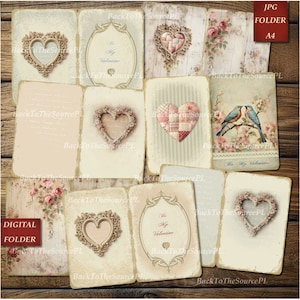 Valentine&#39;s day junk journal kit, Vintage Hearts Papers, Printable Ephemera, Journal Supplies, Collage Sheets, Digital Downloads, Nr 67
