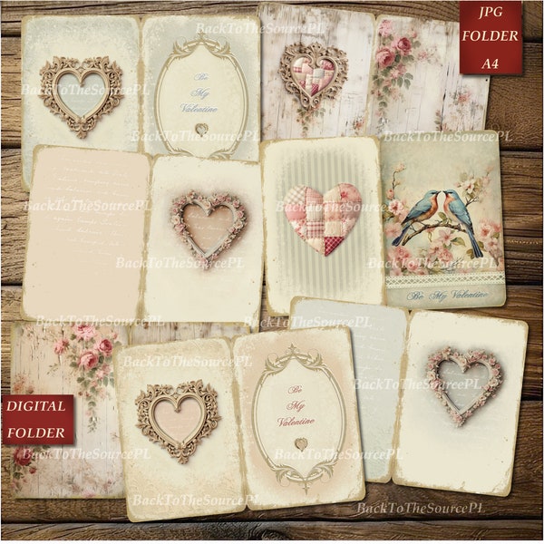 Valentine's day junk journal kit, Vintage Hearts Papers, Printable Ephemera, Journal Supplies, Collage Sheets, Digital Downloads, Nr 67