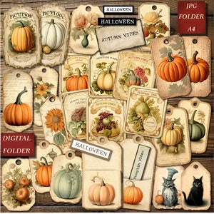 Pumpkin Tags, Vintage Autumn Labels, Junk Journal Ephemera, Thanksgiving Journal Tags, Halloween Junk Journal Kit, Digital Folder, Nr 56