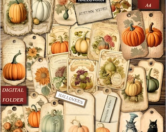 Pumpkin Tags, Vintage Autumn Labels, Junk Journal Ephemera, Thanksgiving Journal Tags, Halloween Junk Journal Kit, Digital Folder, Nr 56