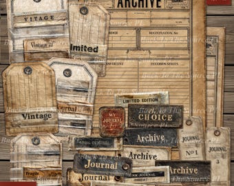 Junk Journal Printable Ephemera, Vintage Labels, Grunge Tags, Archive Office Papers, Digital Folder, No116