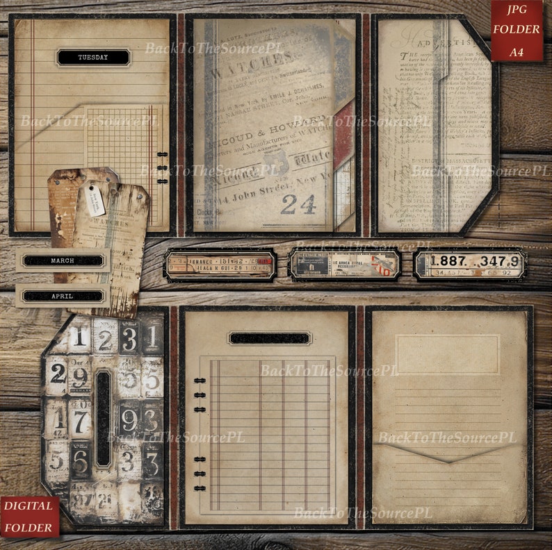 Puede incluir: Una carpeta digital imprimible con una est&eacute;tica vintage. La carpeta tiene un fondo marr&oacute;n con acentos negros y rojos. La carpeta est&aacute; dividida en tres secciones, cada una con un dise&ntilde;o diferente. La secci&oacute;n izquierda presenta un calendario con los meses de marzo y abril. La secci&oacute;n central presenta una p&aacute;gina cuadriculada con el texto "Martes" en la parte superior. La secci&oacute;n derecha presenta una p&aacute;gina en blanco con un bolsillo en la parte inferior. La carpeta tambi&eacute;n incluye una variedad de elementos decorativos, como n&uacute;meros, texto e im&aacute;genes.
