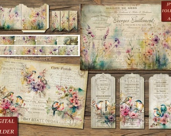 Spring Chapter Junk Journal Kit, Floral Papers, Vintage Birds Ephemera, Flower Tags, Collage Sheets, Digital Folder