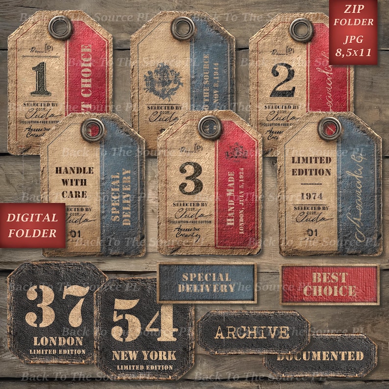 Faded Distressed Junk Labels and Tags, Vintage Numbers, Printable ...