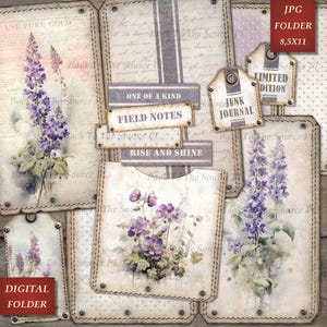 Floral Purple Junk Journal Kit, Printable Ephemera, Vintage Tags, Collage Shabby Chic Sheet, Instant Download, Flower, Digital Folder, Nr098
