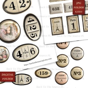 French Labels Junk Journal Kit, Numbers Digital, Journal Words, Vintage Ephemera, Shabby Vintage Butterflies, Printable Download, Nr096