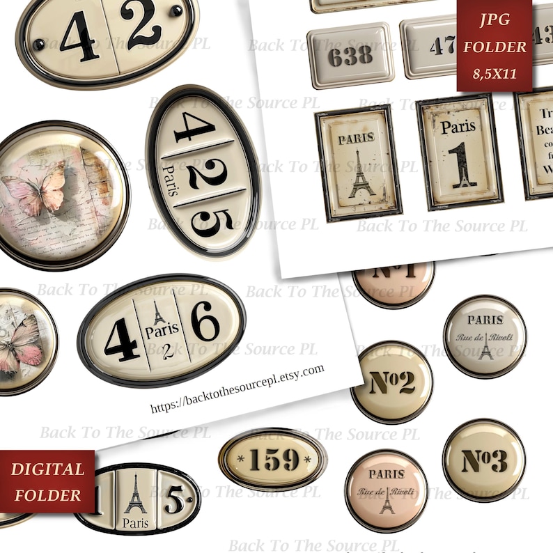 French Labels Junk Journal Kit, Numbers Digital, Journal Words, Vintage Ephemera, Shabby Vintage Butterflies, Printable Download, Nr096