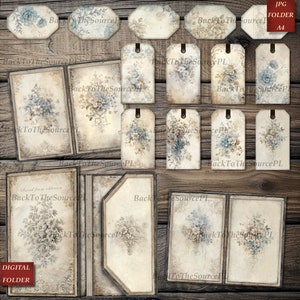 Shabby Junk Journal Kit, Floral Papers, Vintage Ephemera, Insert, Collage Sheet, Instant Download,Digital Folder Nr76
