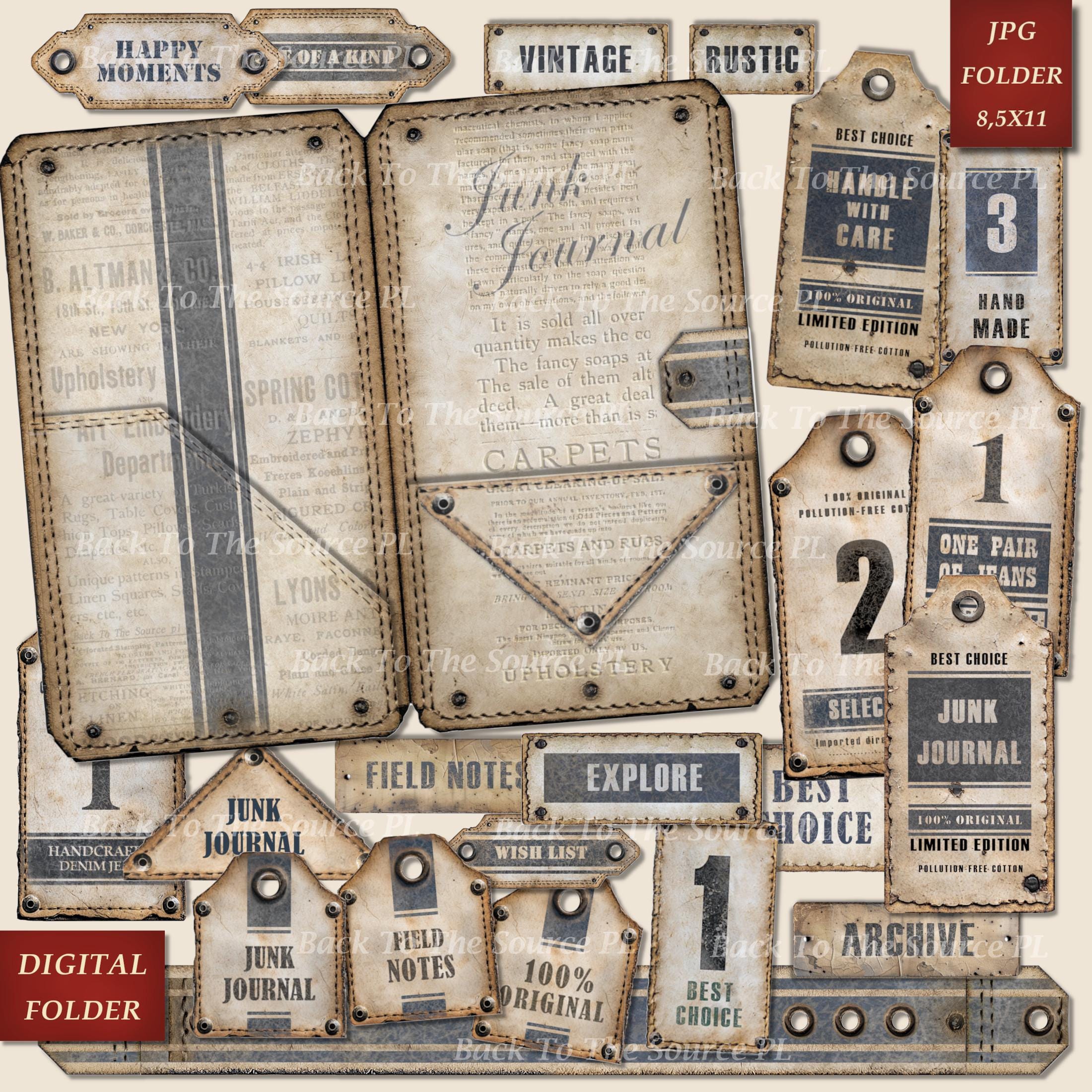 Labels Tags and Pockets for Junk Journal Kit, Printable Ephemera ...