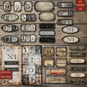 Vintage Industrial Labels and Tags, Distressed Numbers, Grungy Steampunk Ephemera for Junk Journals, Journal Supplies, Digital Folder, Nr072