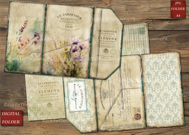 May include: A vintage-style digital paper pack featuring a floral design and text in French. The pack includes a variety of patterns and textures, including floral, striped, and patterned paper. Ideal for scrapbooking, card making, and other paper crafts.