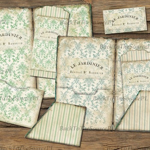 May include: A digital folder template with a vintage design. The folder has a green and white damask pattern with the text "LE JARDINIER Journal d'Annonces" repeated on the front and back covers. The folder is designed to be printed on A4 paper.