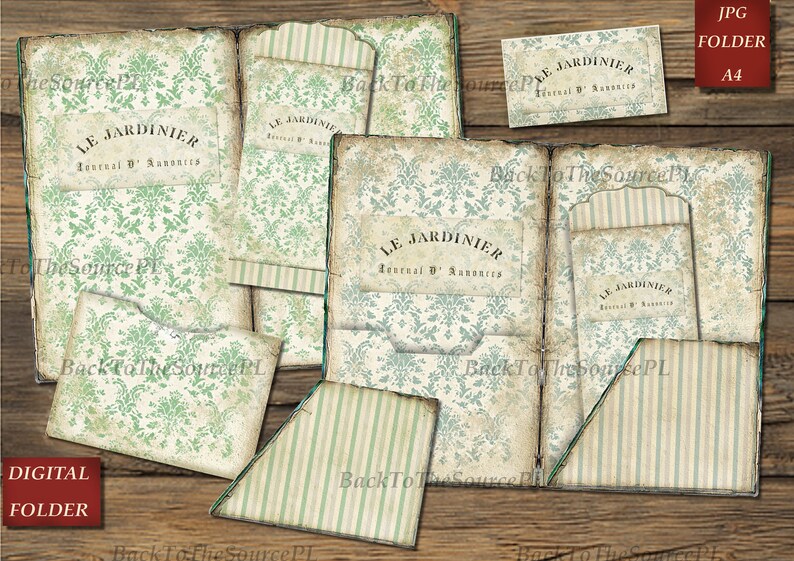 May include: A digital folder template with a vintage design. The folder has a green and white damask pattern with the text "LE JARDINIER Journal d'Annonces" repeated on the front and back covers. The folder is designed to be printed on A4 paper.