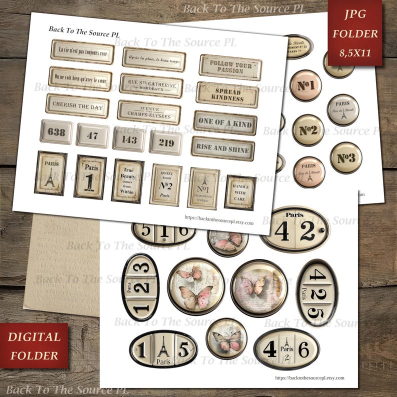 French Labels Junk Journal Kit, Numbers Digital, Journal Words, Vintage Ephemera, Shabby Vintage Butterflies, Printable Download, Nr096