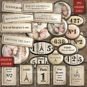 French Labels Junk Journal Kit, Numbers Digital, Journal Words, Vintage Ephemera, Shabby Vintage Butterflies, Printable Download, Nr096