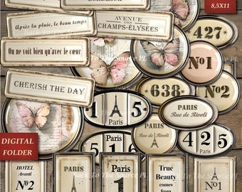 French Labels Junk Journal Kit, Numbers Digital, Journal Words, Vintage Ephemera, Shabby Vintage Butterflies, Printable Download, Nr096