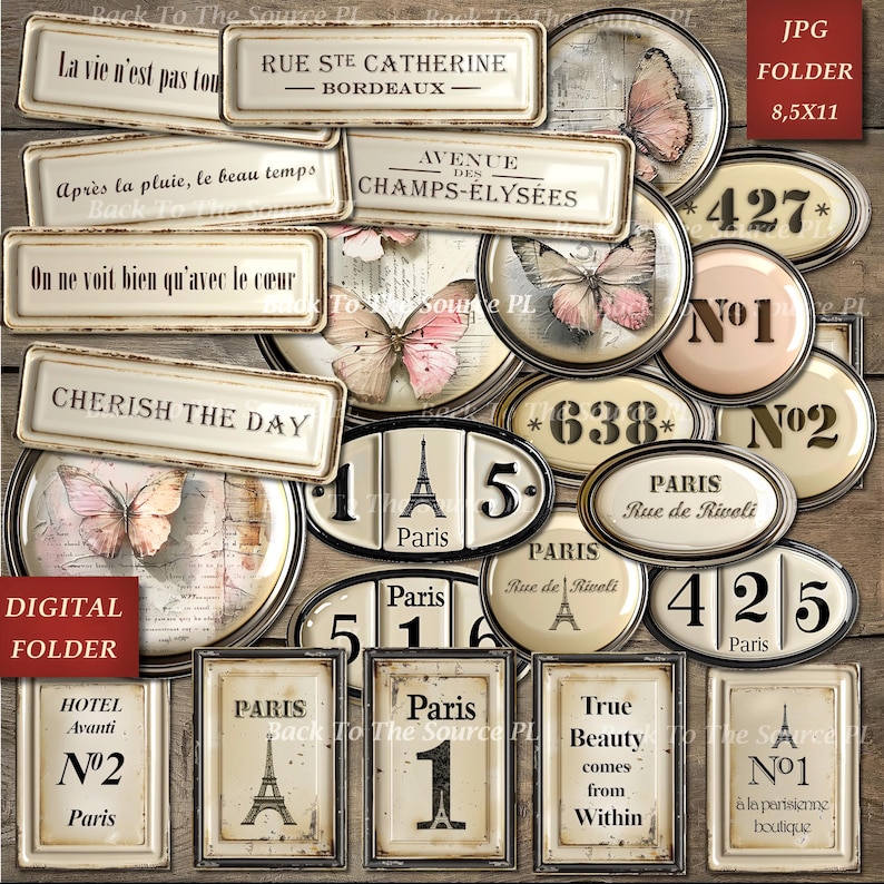 French Labels Junk Journal Kit, Numbers Digital, Journal Words, Vintage Ephemera, Shabby Vintage Butterflies, Printable Download, Nr096