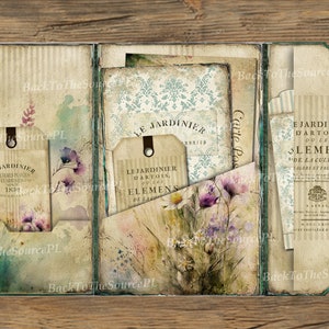 May include: A digital scrapbook kit with a vintage aesthetic. The kit features a green and brown folder with a floral design and several tags with French text. The text on the tags reads "Le Jardinier Dartois, ou les Elements de la Culture des Legumes et Fruitiers."