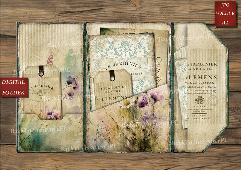 May include: A digital scrapbook kit with a vintage aesthetic. The kit features a green and brown folder with a floral design and several tags with French text. The text on the tags reads "Le Jardinier Dartois, ou les Elements de la Culture des Legumes et Fruitiers."