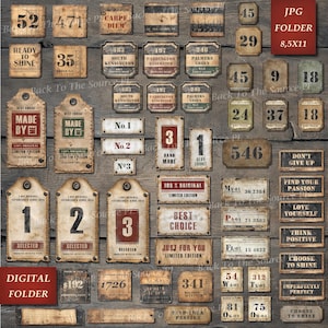 Industrial Grunge Labels, Tags Vintage Ephemera Junk Journal, Distressed Numbers, Steampunk Supplies, Printable Ephemera, Digital Folder