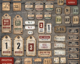 Industrial Grunge Labels, Tags Vintage Ephemera Junk Journal, Distressed Numbers, Steampunk Supplies, Printable Ephemera, Digital Folder