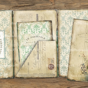 May include: A digital folder with a vintage design. The folder is made up of four pages, each with a different design. The front page features a green and white floral pattern with the text "LE JARDINIER Journal d'Announces". The second page features a green and white floral pattern with the text "LE JARDINIER Journal d". The third page features a vintage receipt with the text "250". The fourth page features a vintage floral design with the text "Journal d'Avoine 3 Boulevard de Magenta Paris".