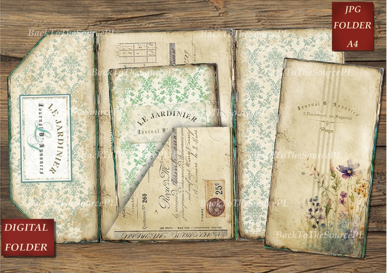 May include: A digital folder with a vintage design. The folder is made up of four pages, each with a different design. The front page features a green and white floral pattern with the text "LE JARDINIER Journal d'Announces". The second page features a green and white floral pattern with the text "LE JARDINIER Journal d". The third page features a vintage receipt with the text "250". The fourth page features a vintage floral design with the text "Journal d'Avoine 3 Boulevard de Magenta Paris".