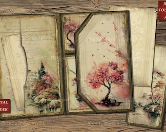 Può includere: Una cartella digitale con un design ad acquerello che presenta un albero rosa con uccelli che volano intorno. La cartella è divisa in quattro sezioni, ognuna con un design diverso. La cartella è etichettata "JPG FOLDER A4".