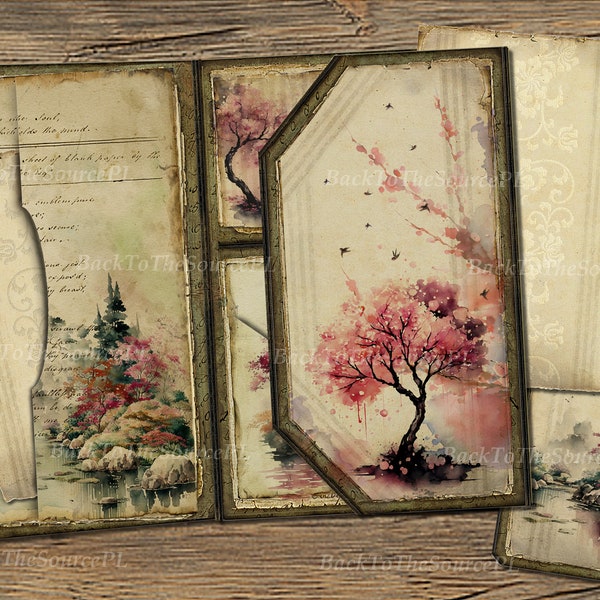 Watercolor Oriental Junk Journal Kit, Japanese Garden, Vintage Ephemera, Scrapbooks, Collage Sheet, Insert, Folding Folio, Digital Folder