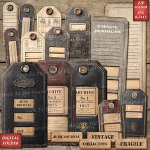 May include: A collection of vintage-style tags and journal pages. The tags feature distressed textures, leather accents, and metal eyelets. Some tags include text like "Archive," "Junk Journal," and "Vintage Collection." The color palette includes shades of brown, black, and beige.