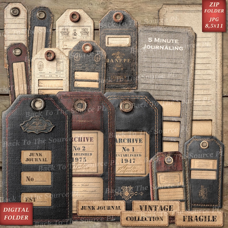 Junk Labels, Vintage Journal Page, Grunge Tags, Printable Ephemera, Junk Journal Supplies, Digital Folder