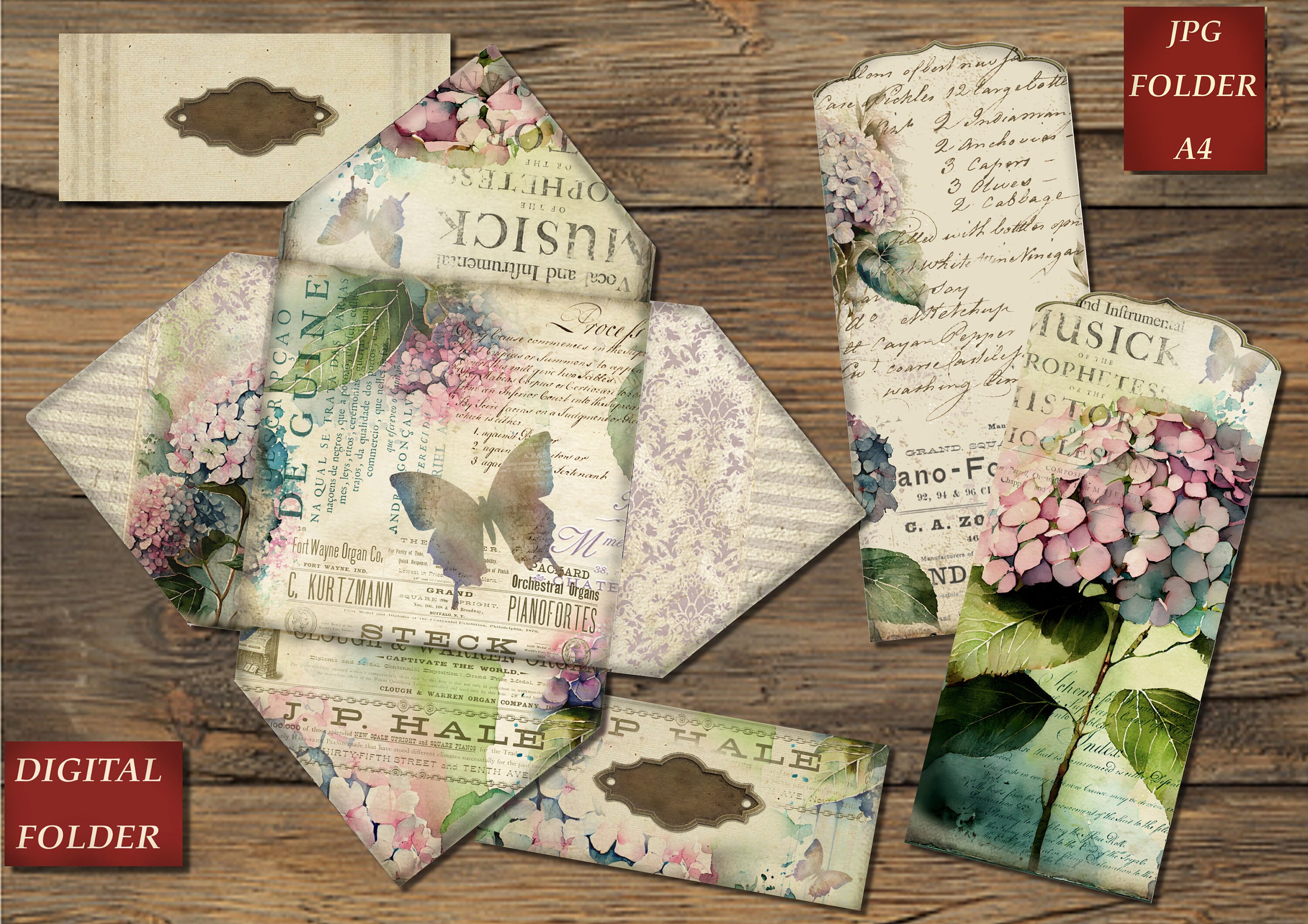 Hydrangea Watercolor Junk Journal Kit, Vintage Ephemera, Floral Papers ...