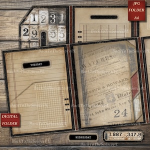 Puede incluir: Una carpeta digital con un dise&ntilde;o vintage. La carpeta tiene una cubierta de papel marr&oacute;n con un lomo negro y detalles rojos. La portada presenta un calendario con los n&uacute;meros 1, 2, 3 y 1 impresos en &eacute;l. La contraportada presenta un recorte de peri&oacute;dico con el texto "Watches" y "Icoude & Howard" impreso en &eacute;l. La carpeta est&aacute; etiquetada como "Digital Folder" y "JPG Folder A4".