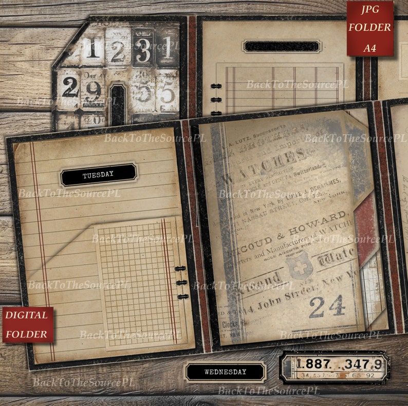 Puede incluir: Una carpeta digital con un dise&ntilde;o vintage. La carpeta tiene una cubierta de papel marr&oacute;n con un lomo negro y detalles rojos. La portada presenta un calendario con los n&uacute;meros 1, 2, 3 y 1 impresos en &eacute;l. La contraportada presenta un recorte de peri&oacute;dico con el texto "Watches" y "Icoude & Howard" impreso en &eacute;l. La carpeta est&aacute; etiquetada como "Digital Folder" y "JPG Folder A4".